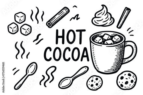 Hand-drawn black outline illustration of hot cocoa with marshmallows surrounded by cinnamon sticks, sugar cubes, spoons, steam swirls, and cookies.