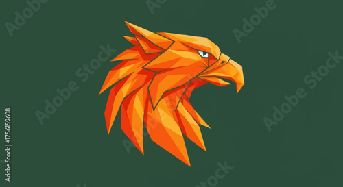 Geometric griffin head in orange hues on a dark green backdrop, stylized and angular