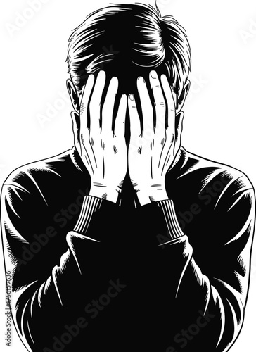 Black and white silhouette person covering face, emotional distress sadness concept, dramatic illustration of anxiety, depression, contemplation, mental health expression