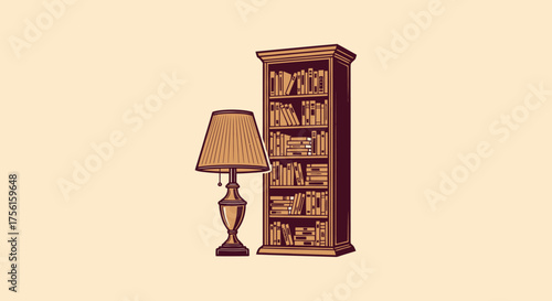 Illustration depicts a bookcase filled with books next to a classic lamp, both in a soft color palette