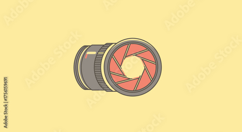 A detailed illustration of a camera lens with the aperture open, against a pale yellow background