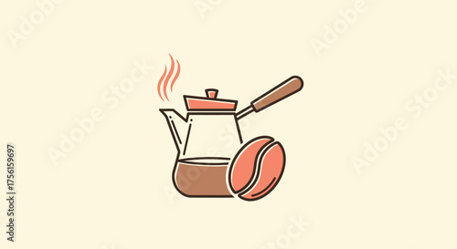 Vector illustration of a coffee pot emitting steam and a coffee bean