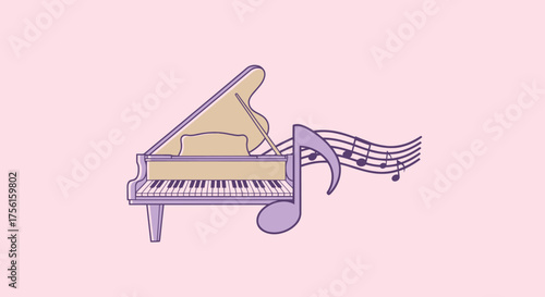 A cartoon grand piano with a large music note and staff on a pink background