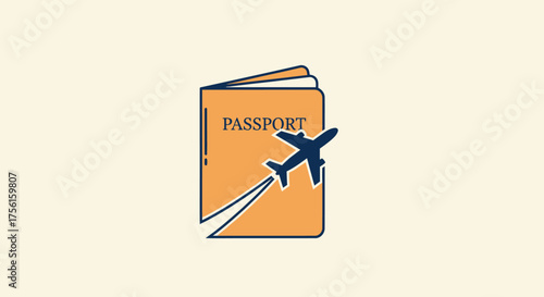 Orange passport illustration with a dark blue airplane and two vapor trails