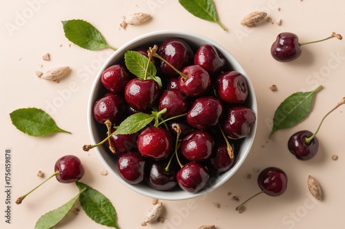 Fresh cherries with leaves ...