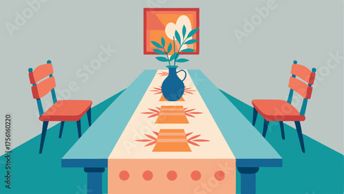 A dining room with a handpainted table runner adding a playful and vibrant element to the table setting.
