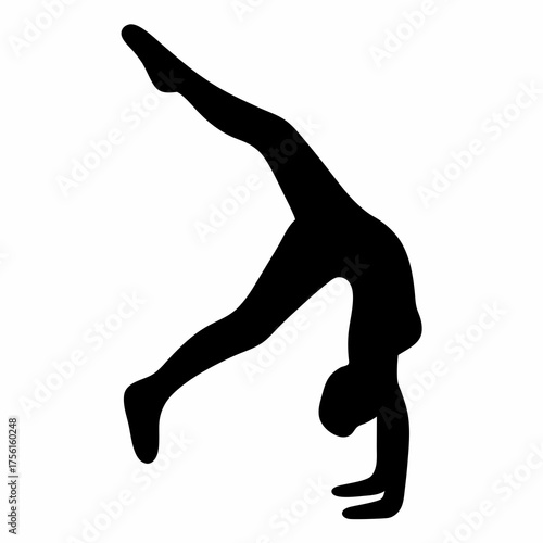 Silhouette of a gymnast performing a handstand with leg raised high