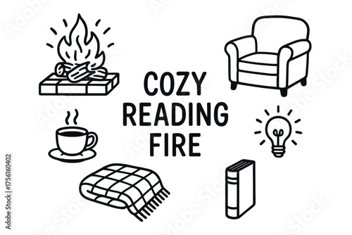 Black outline icons illustrating a cozy reading setup, featuring a chair, fire, cup, blanket, book, and light bulb.