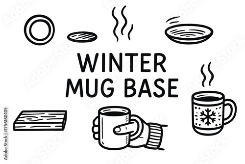 Black and white illustration of a hand holding a steaming mug with a snowflake design, surrounded by plates and a wooden surface.