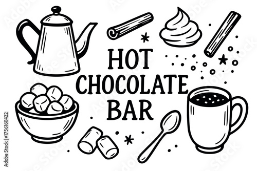Black and white drawing of a hot chocolate bar with a kettle, cup, spoon, marshmallows, cinnamon stick, and whipped cream surrounded by decorative elements.