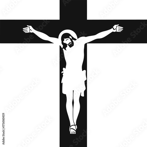 Jesus Christ crucifixion silhouette, black cross with white figure, Christian religious artwork, sacred Savior symbol, biblical faith design, spiritual holy art