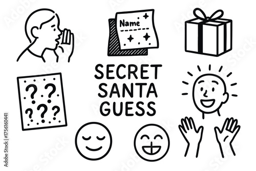 Black and white line art illustration representing a secret santa game with various symbols, including a whispering person, gift box, and question marks.