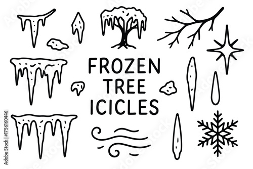 Black outline drawings of icicles, a tree covered in snow, and various winter-themed elements, emphasizing a frozen theme.
