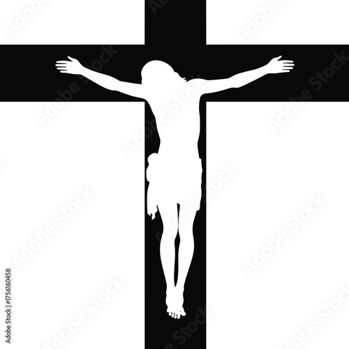 Crucifix silhouette illustration, black cross with white figure, Christian religious artwork, Jesus Christ crucifixion symbol, sacred faith art, biblical design