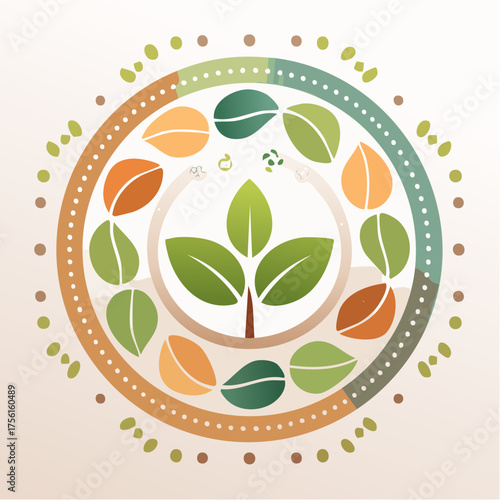 Circular diagram illustrating the cycle of seasons with leaves and dots.