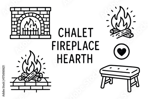 Black outline icons of a brick fireplace, two campfires, and a wooden bench, with text describing chalet, fireplace, and hearth.