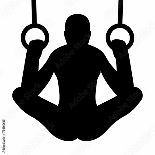 Gymnast demonstrates strength and flexibility on gymnastics rings silhouette on white background
