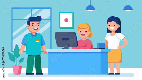 A brightly lit reception area with a modern reception desk and computer station. A friendly receptionist greets patients with a warm smile.