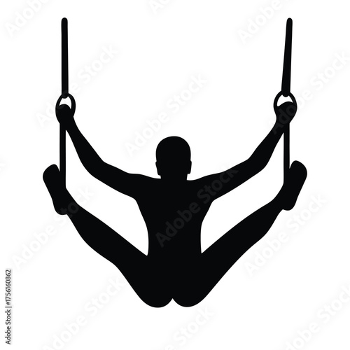 Silhouette of gymnast performing straddle split on still rings isolated on white