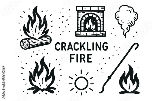 Black and white line drawings of various fire elements including a crackling fire, fireplace, smoke, and a fire poker.