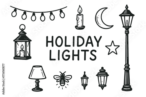 Black and white doodle icons of various lighting elements including lanterns, a candle, and a string of lights, conveying a holiday theme.