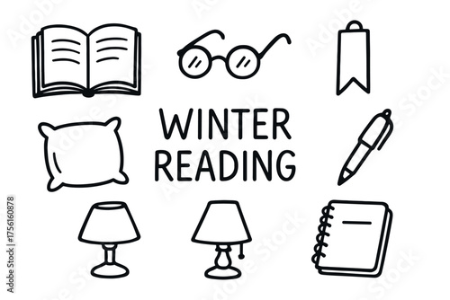 Collection of hand-drawn icons featuring an open book, glasses, bookmark, pillow, pen, lamps, and a notebook surrounding the phrase "winter reading.