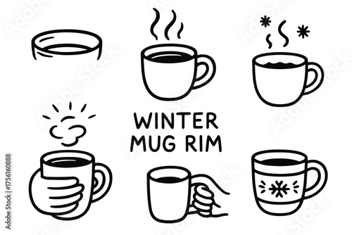 Black outline illustrations of various mugs, including steaming cups and mugs held by hands, with the phrase "winter mug rim" in the center.