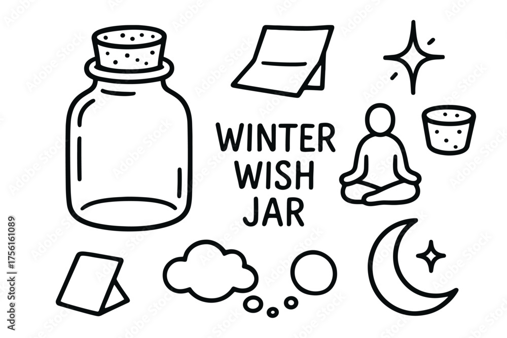 Fototapeta premium Hand-drawn black outline illustrations including a jar with a cork, a person meditating, stars, a crescent moon, and the phrase