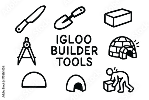 Black outline icons depicting various igloo builder tools, including a knife, trowel, compass, and schematic representations of igloos.
