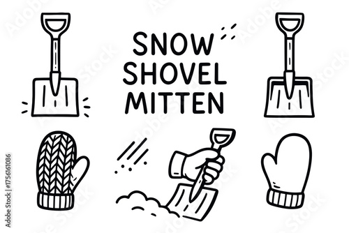 Black outline drawings depict snow shovels and mittens, including a hand shoveling snow and knitted mittens in various styles.
