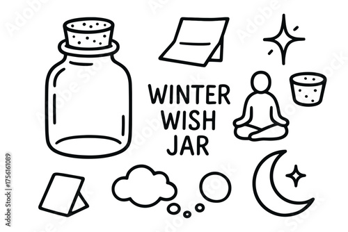 Hand-drawn black outline illustrations including a jar with a cork, a person meditating, stars, a crescent moon, and the phrase "winter wish jar.