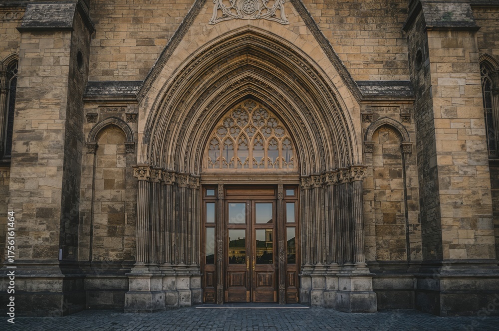 Fototapeta premium Entryway of the ancient Gothic cathedral structure, travel, architecture, glass, door, stone, historic, stunning