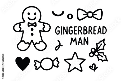 Black outline of a smiling gingerbread man with additional holiday-themed elements including a bowtie, candy, and holly leaf.