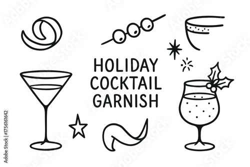 Black outline illustration of holiday cocktail garnishes with martini glass, holly leaves, citrus twist, and decorative stars.