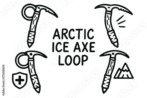 Black outline vector icons of ice axes with an arctic theme, including medical, mountain, and action symbols.