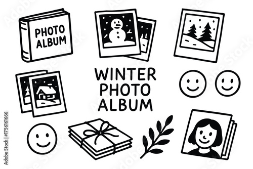 Black and white illustrations of winter-themed photo album items, including a snowman, snowy landscapes, and simple smiley faces.