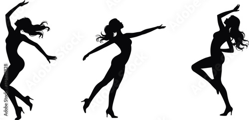 Dynamic dance silhouette illustration, elegant female dancer poses, graceful movement artwork, stylish high heel performance art, expressive choreography design, artistic motion character