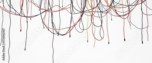 Isolated hanging cables, intricate network against pure white background,  infrastructure, cables