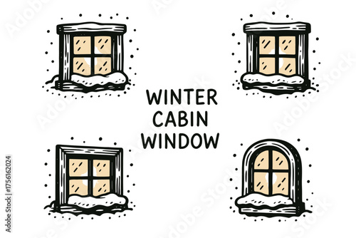 Four hand-drawn windows with snow-covered sills and falling snowflakes, illustrating a winter cabin theme.