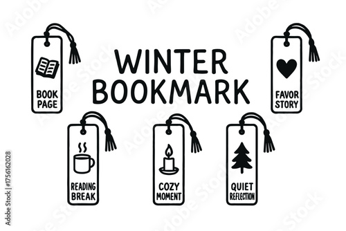 Black and white illustration of five bookmarks with tassels, featuring winter-themed icons and text phrases like "book page" and "cozy moment.