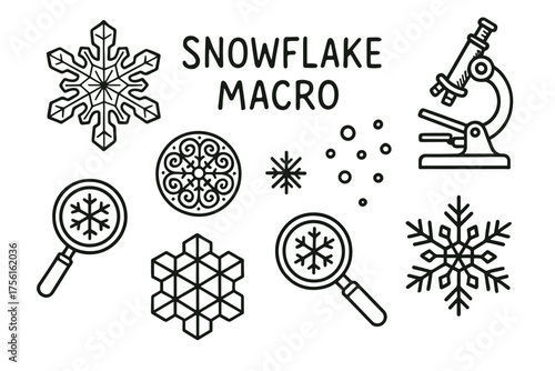 Black outline icons of intricate snowflakes, a vintage microscope, and magnifying glasses with snowflake details.