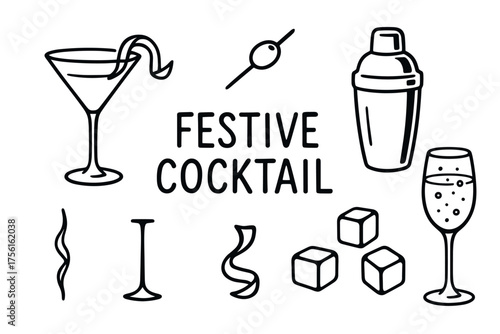 Black outline vector illustration of festive cocktail elements including a martini glass, cocktail shaker, wine glass, and garnishes.