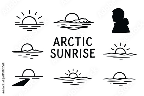 Collection of simple black icons depicting various sunrises over water, with an arctic theme, including a silhouette of a male profile in the upper right corner.