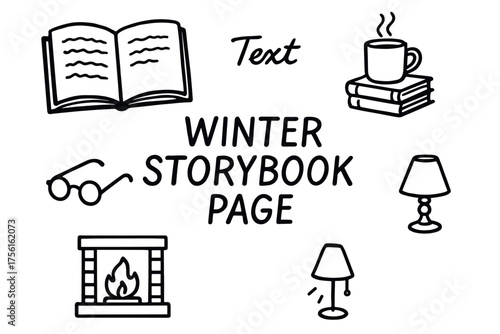 Black and white line art depicting winter storybook elements including an open book, steaming cup, glasses, lamp, fireplace, and text.