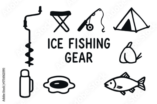 Black outlined icons showcasing essential ice fishing gear, including an auger, stool, rod, tent, thermos, ice hole, and fish.