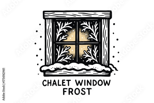 Black outline vector drawing of a wooden chalet window with frosty patterns and snow on the frame, depicting a wintry outdoor setting.