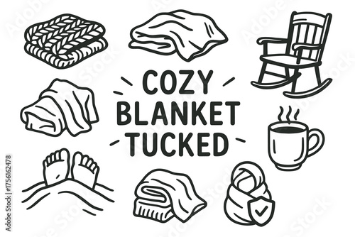 Black outline vector icons of folded blankets, feet under covers, a rocking chair, and a steaming cup, conveying a cozy and warm atmosphere.