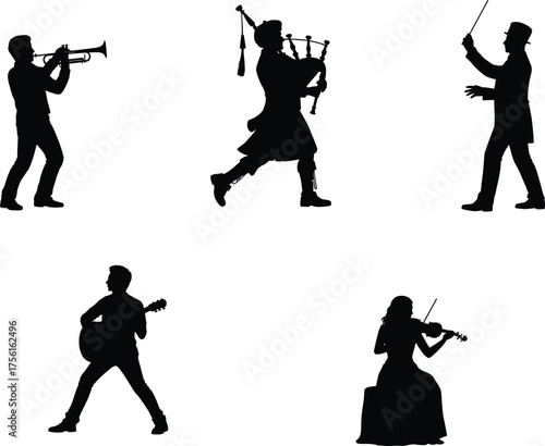 Musician silhouettes illustration, trumpet player, bagpipe performer, orchestra conductor, acoustic guitar artist, violinist figure, diverse musical instruments artwork, performance art design