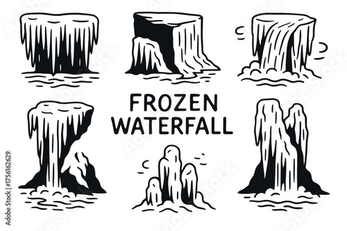 Six black outline drawings of frozen waterfall formations with varying icicle patterns and styles, accompanied by the words "frozen waterfall.