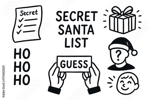 Black and white line art of a secret santa list with festive elements, including a wrapped gift, a person in a santa hat, and the word "guess.